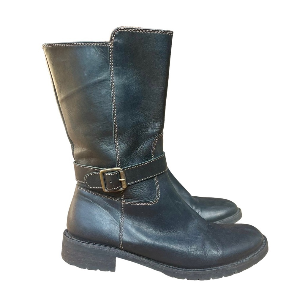 J. Crew dark brown leather riding boots w/adjustable brass ankle buckle. SZ-7.5